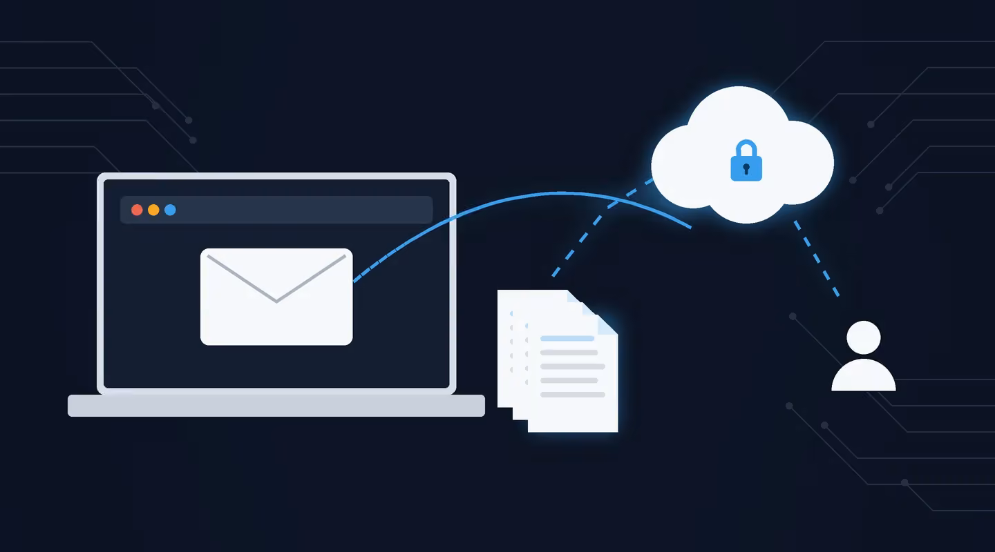A laptop email linked to a large file uploaded to a padlocked cloud, illustrating how to send large files in Gmail with a Google Drive link