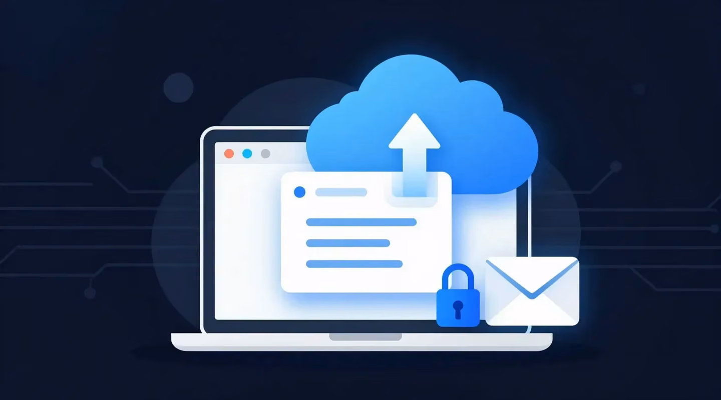 A laptop uploading a large email attachment to the cloud and sending a padlocked link, illustrating how to send large files through Outlook