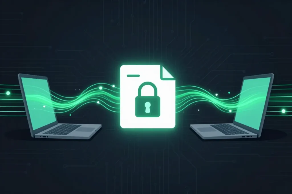 Encryption visualized as a green data stream connecting two laptops, protecting T4 slips and sensitive payroll documents in transit.