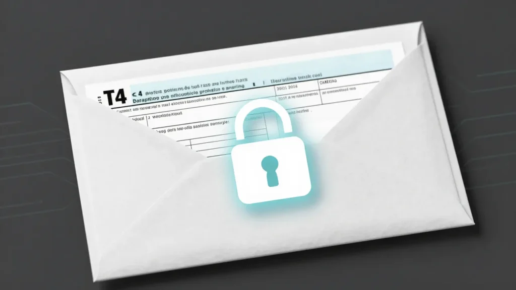A sealed white envelope containing a T4 slip with a glowing padlock icon, illustrating safely sending T4 slips to employees.