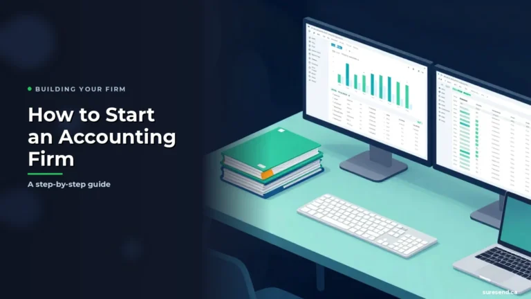How to start an accounting firm — illustrated guide cover showing a modern isometric workspace with dual financial dashboards.
