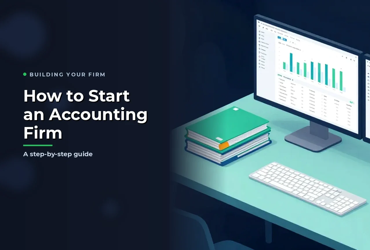 How to start an accounting firm — illustrated guide cover showing a modern isometric workspace with dual financial dashboards.