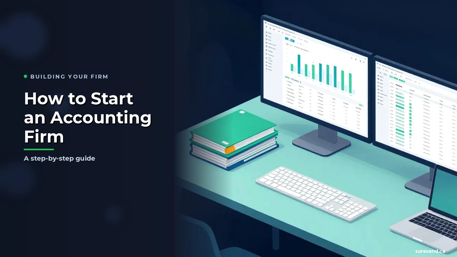 How to start an accounting firm — illustrated guide cover showing a modern isometric workspace with dual financial dashboards.