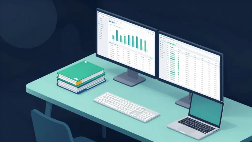 Modern accounting office desk with dual monitors showing financial dashboards, a stack of folders, and a laptop on a clean workspace.