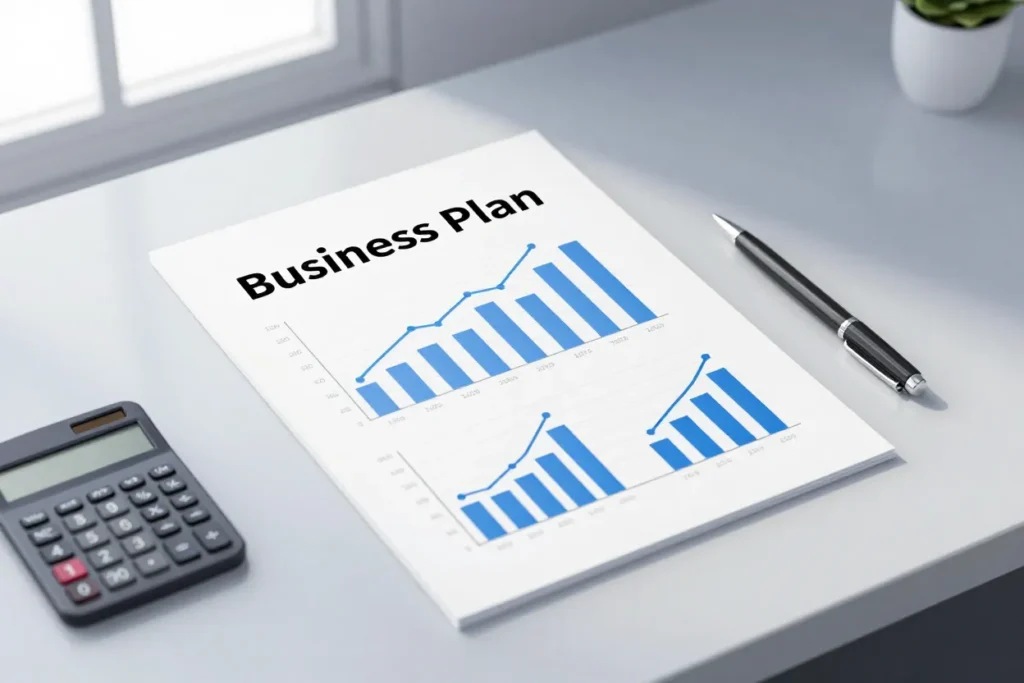 A business plan document with growth charts laid out on a modern desk beside a calculator.
