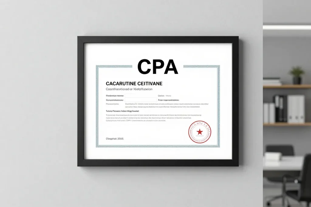 Framed CPA certification displayed on the wall of a professional accounting office.