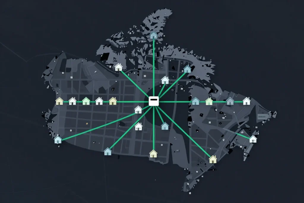 Map-style illustration showing community mailbox clusters replacing individual home delivery across Canadian neighborhoods