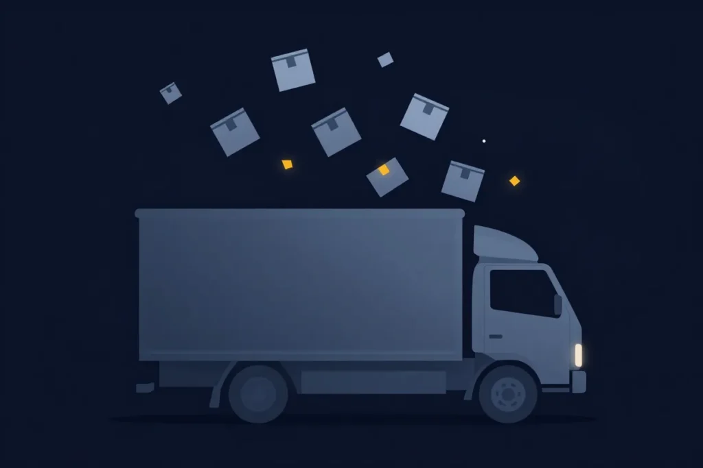 Conceptual illustration of a stalled delivery truck and disrupted parcel flow representing postal labor strikes and service uncertainty