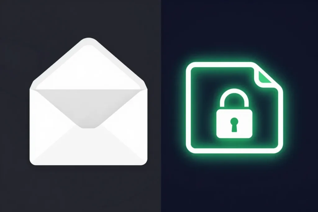 Split illustration contrasting an open, unsecured envelope with a glowing encrypted file icon, symbolizing the gap between traditional mail and secure digital transfer
