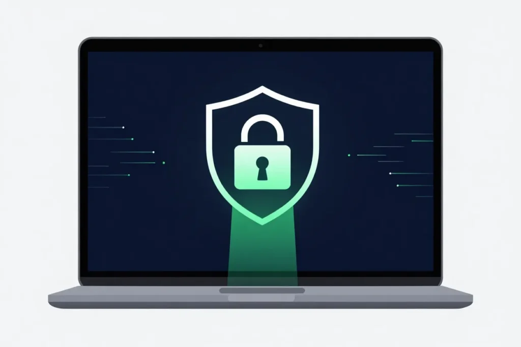 Clean illustration of a file being securely transferred from a laptop with a glowing padlock icon, representing instant encrypted document delivery