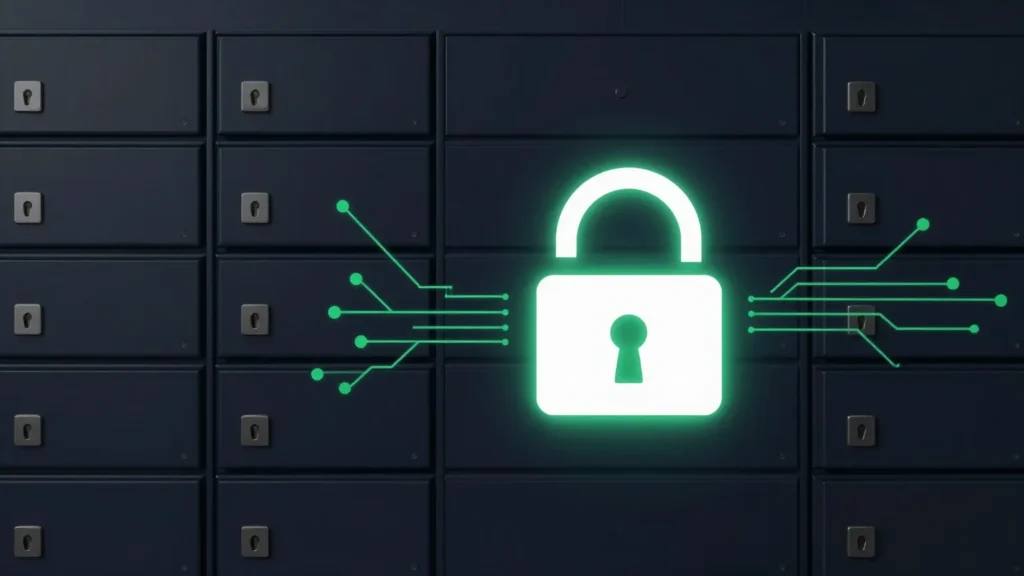 A locked community mailbox cluster beside a glowing encrypted document icon, representing the shift from physical mail to secure digital delivery