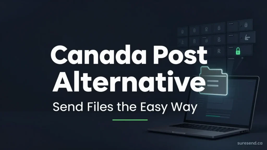 Featured image for Canada Post Alternative: Send Files the Easy Way, showing a laptop sending an encrypted file beside a locked community mailbox cluster