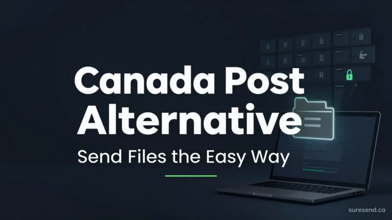 Featured image for Canada Post Alternative: Send Files the Easy Way, showing a laptop sending an encrypted file beside a locked community mailbox cluster