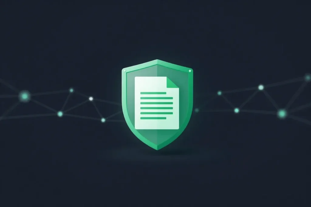 A document protected inside a green shield, kept apart from a network of data nodes, illustrating file ownership and privacy