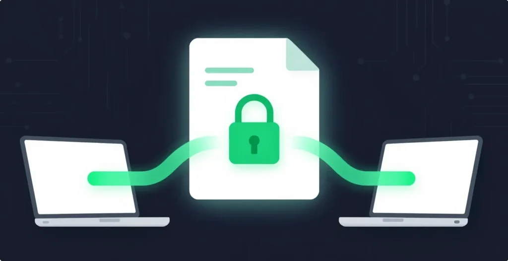 Secure file transfer between two laptops with an encrypted, padlocked document — a visual for WeTransfer alternatives