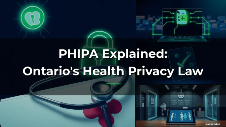 Four-panel collage of a medical folder with padlock, laptop with encrypted patient record, PHIPA compliance checklist, and clinic reception, with article title overlaid