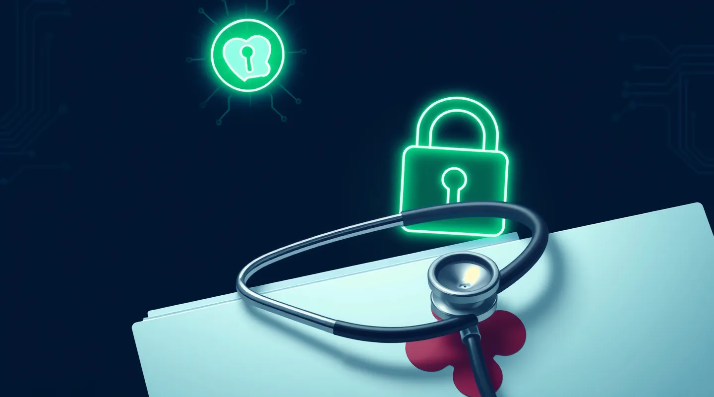 Medical folder with stethoscope and a glowing green padlock representing PHIPA-protected patient information