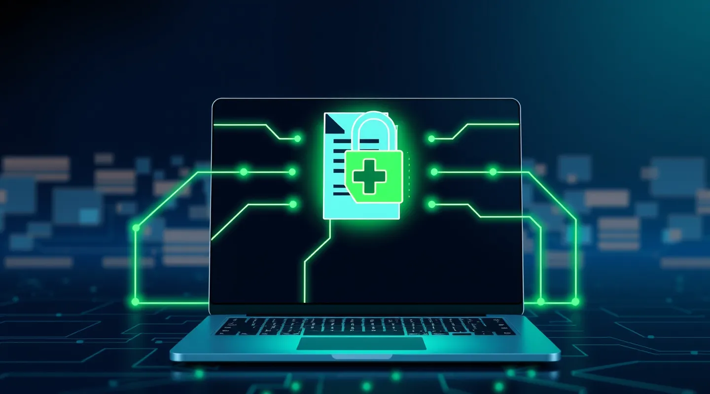 A medical document with a green padlock icon on a laptop screen representing encrypted patient record transfer under PHIPA