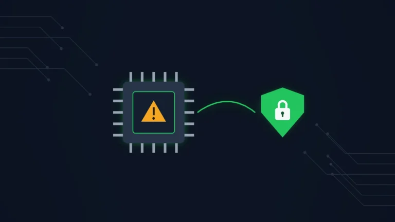 An AI chip with a warning symbol connected to a green security shield, representing AI malware and defence