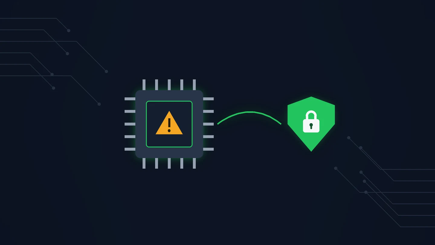 An AI chip with a warning symbol connected to a green security shield, representing AI malware and defence