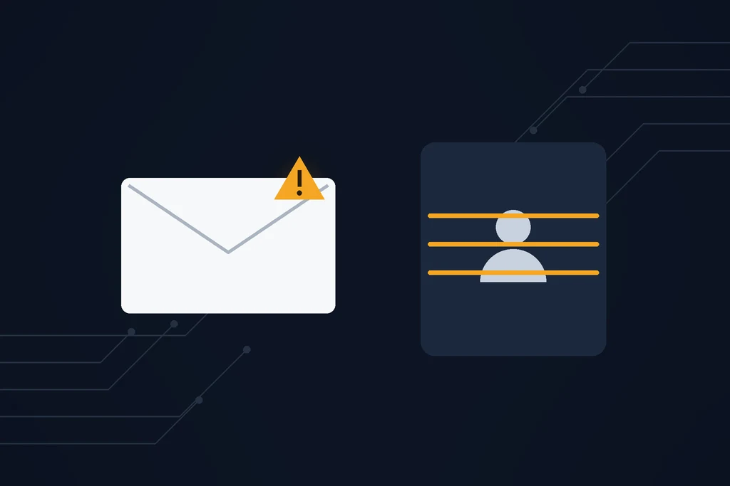 A phishing email with a warning symbol next to a video caller with glitch lines, representing AI phishing and deepfake fraud
