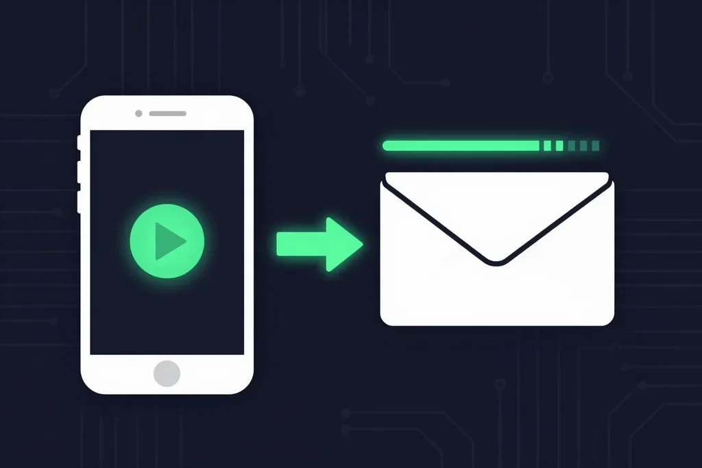 A phone sending a compressed video file to an email inbox with a size gauge