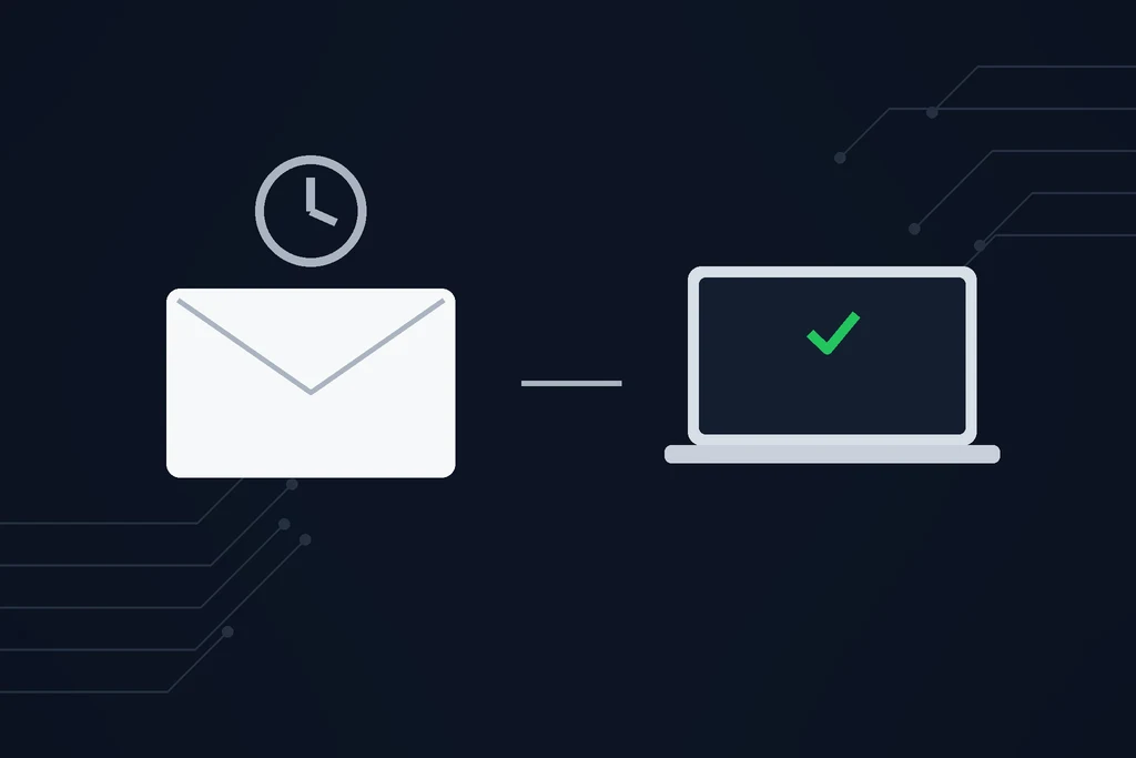 A mailed envelope with a clock next to a laptop with a green checkmark, comparing courier delivery with digital delivery