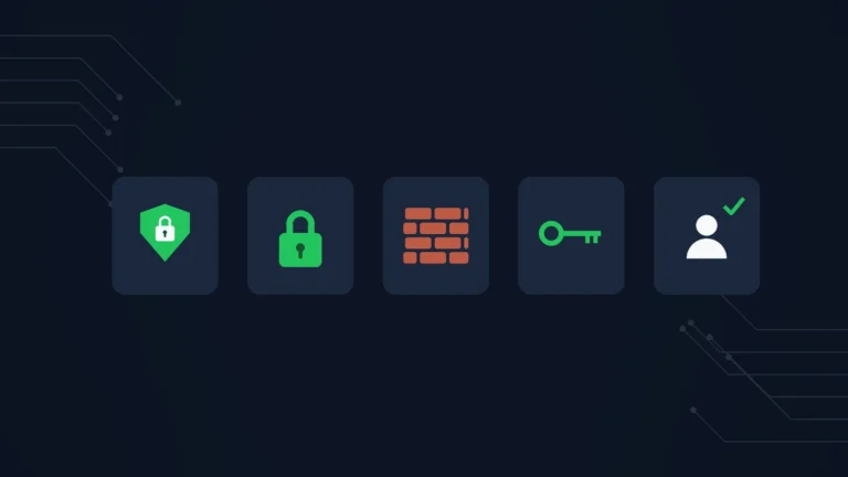 Five tiles showing endpoint protection, secure file transfer, a firewall, a password key, and a trained employee, representing cybersecurity for small business