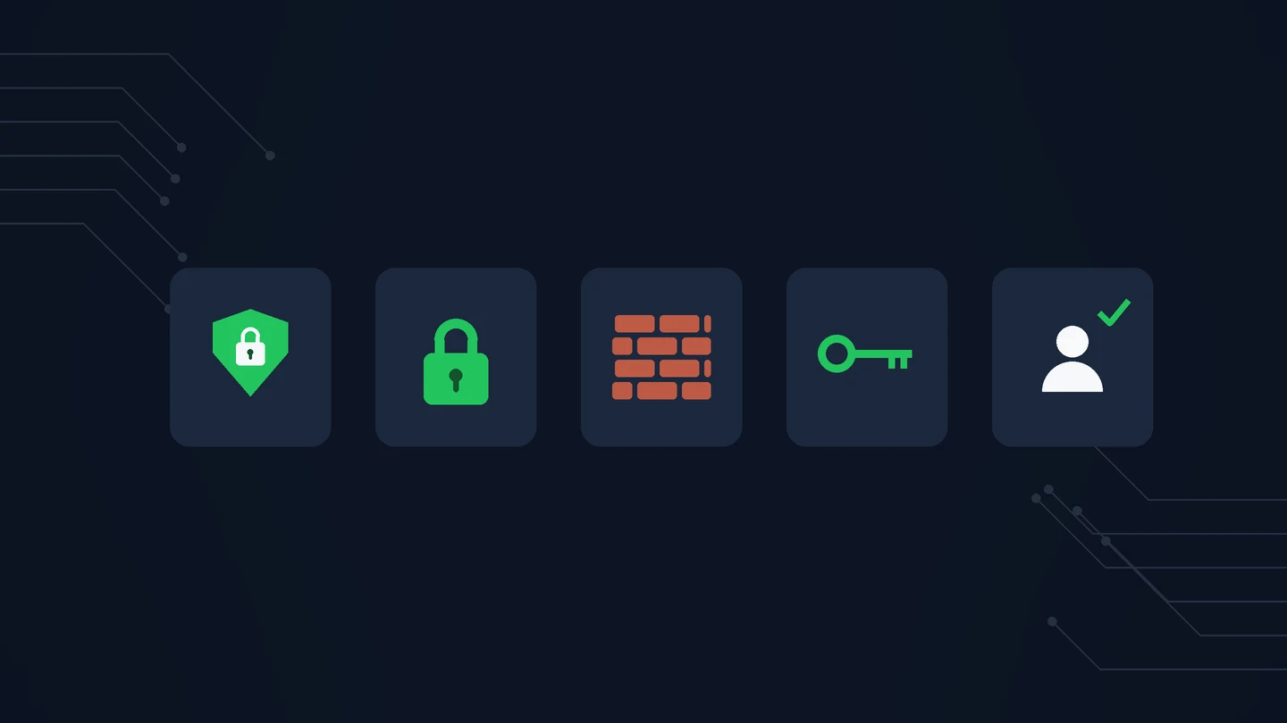 Five tiles showing endpoint protection, secure file transfer, a firewall, a password key, and a trained employee, representing cybersecurity for small business