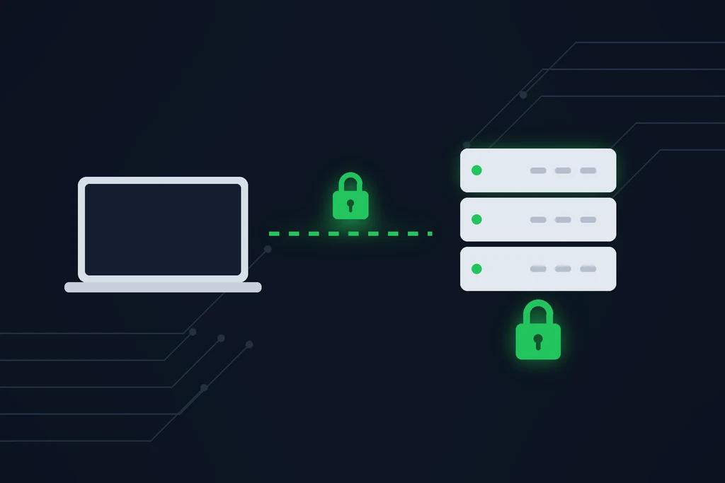 A laptop sending data over an encrypted connection to a locked server, showing encryption in transit and at rest