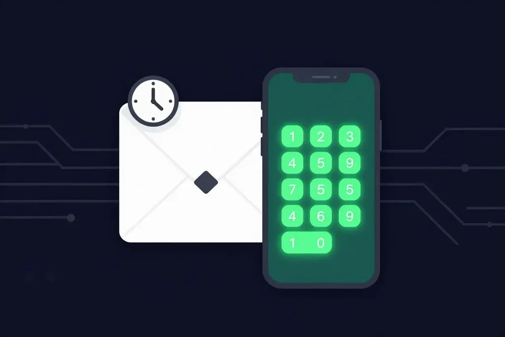 An email with an expiry clock next to a phone showing an SMS passcode keypad, illustrating Gmail confidential mode