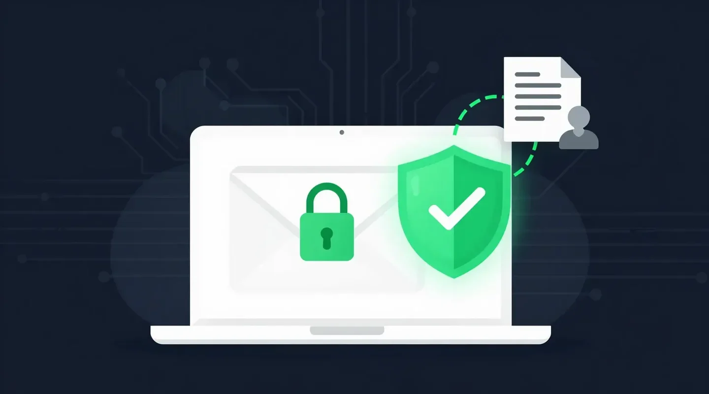 A laptop showing an email sealed with a green padlock and shield, illustrating how to send a secure email in Gmail