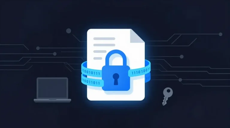 A white document wrapped in a glowing blue padlock and encrypted data ring, illustrating how to encrypt a file before you store or send it