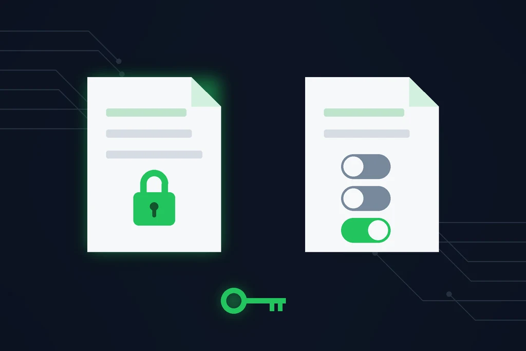 Two PDF documents, one locked with a padlock for an open password and one with permission toggles for printing and editing