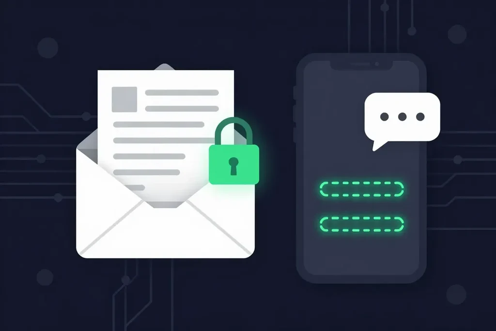 A password-protected PDF sent by email while the password travels separately by text message on a phone