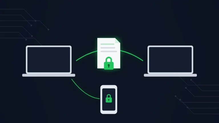 A locked document traveling between two laptops, with the passphrase on a separate phone, representing a secure file transfer service