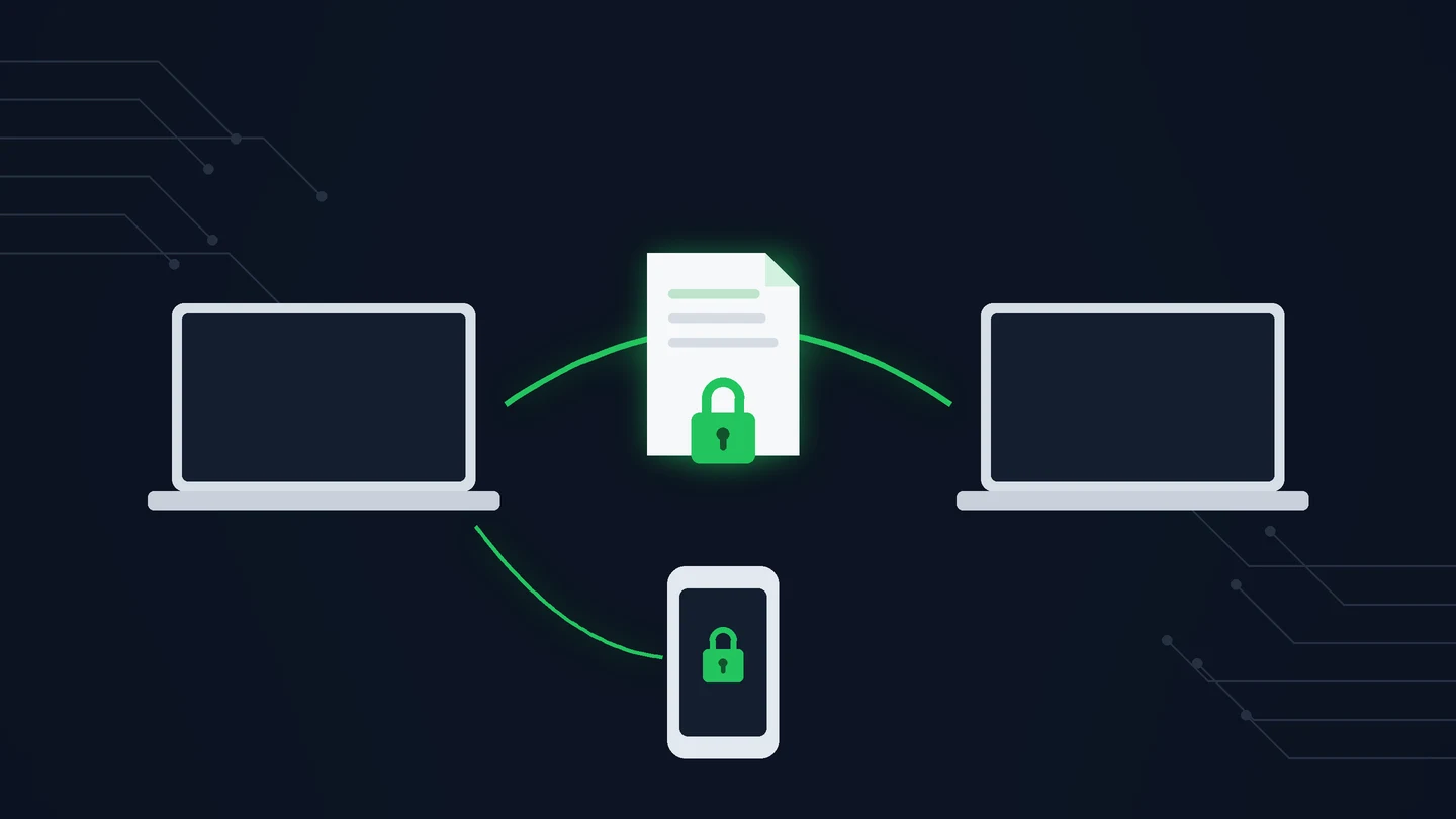 A locked document traveling between two laptops, with the passphrase on a separate phone, representing a secure file transfer service