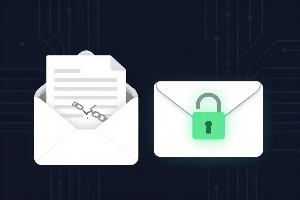 An open unsecured envelope next to a sealed envelope with a green padlock, comparing ways to send secure documents via email