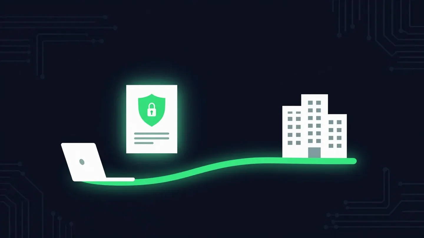 A document protected by a green shield traveling from a laptop to an office, showing how to send documents securely