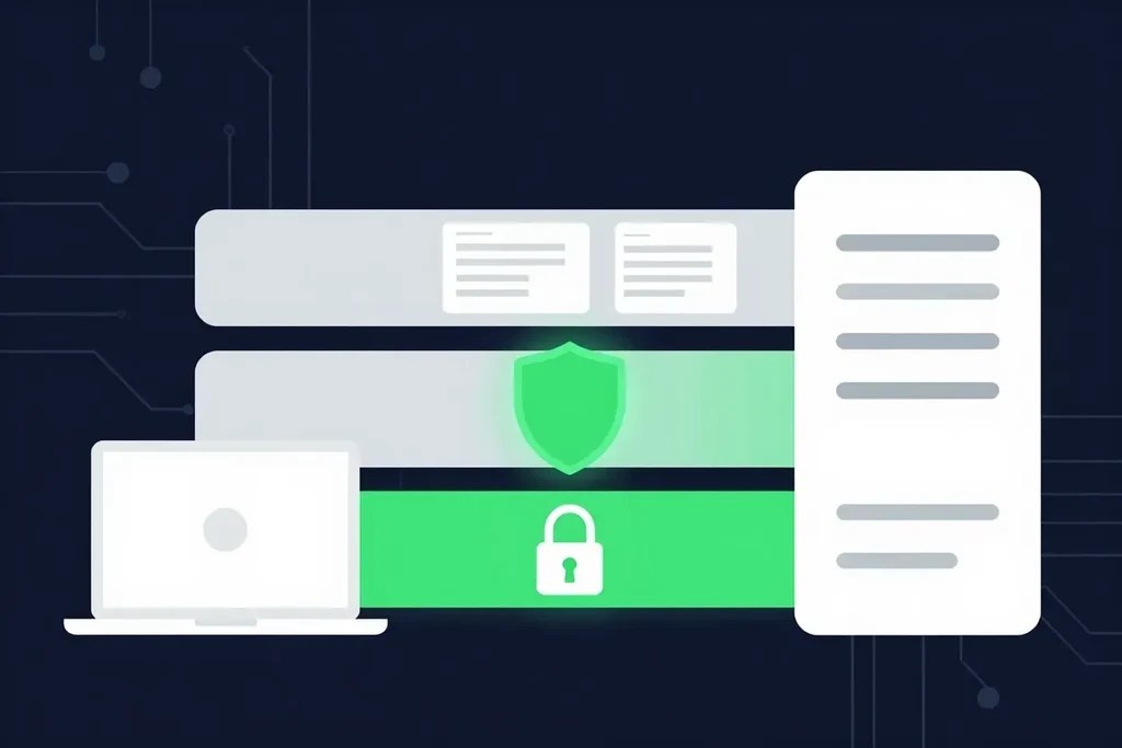 Three data lanes from a laptop to a server: plain FTP with exposed documents, FTPS with a shield, and SFTP with a padlock