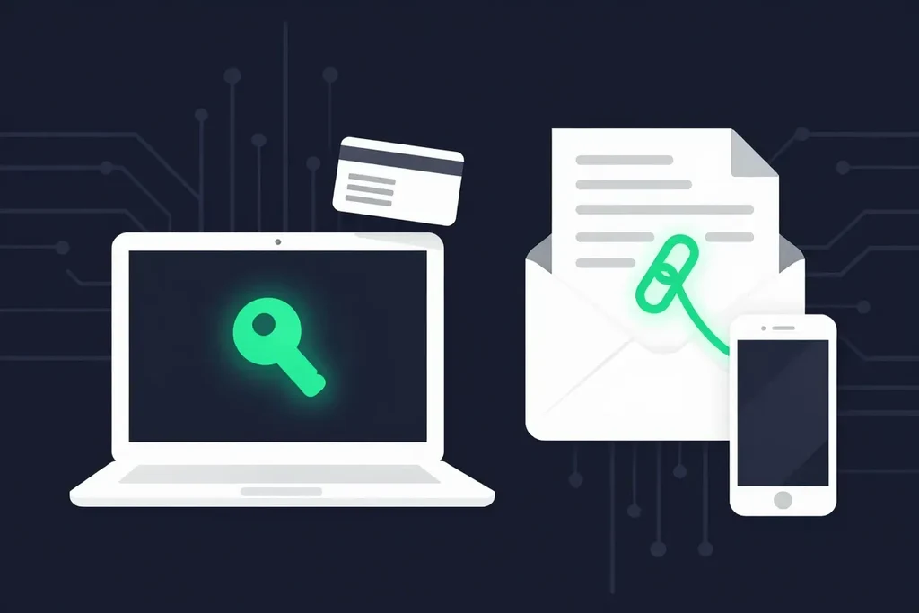 A laptop with an SSH key for SFTP beside an email with a secure link and a phone, comparing SFTP with a passphrase-protected link