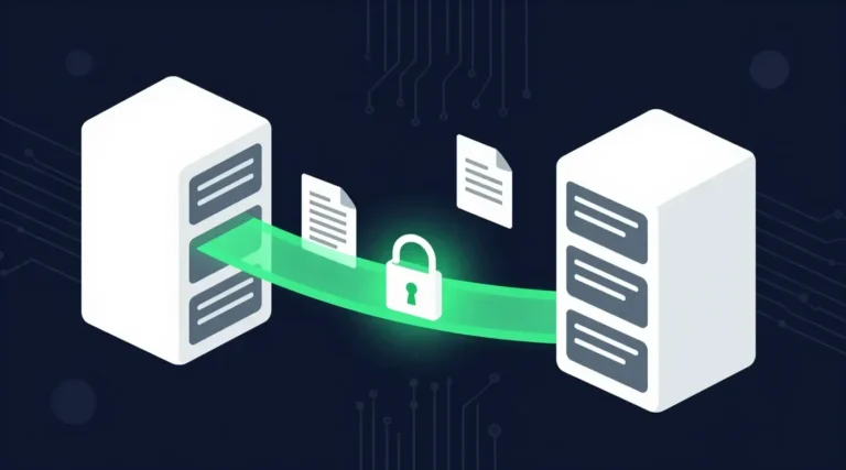 Two servers connected by a glowing green encrypted tunnel with a padlock, illustrating what is SFTP and how it protects file transfers