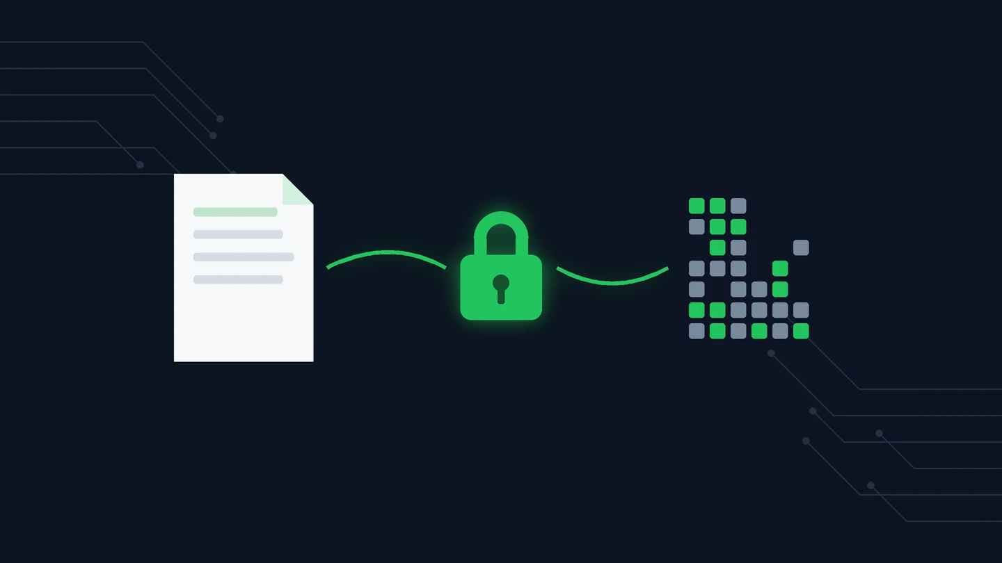 A document passing through a green padlock and turning into scrambled data, illustrating why encryption is important