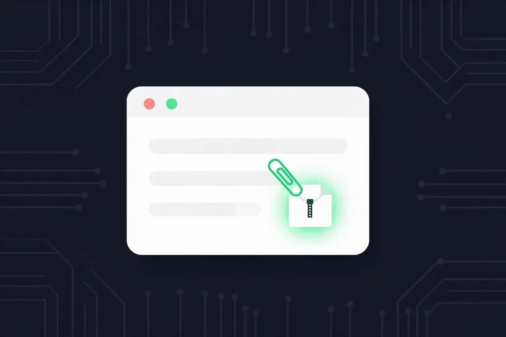 An email compose window with a green paperclip attaching a zip file