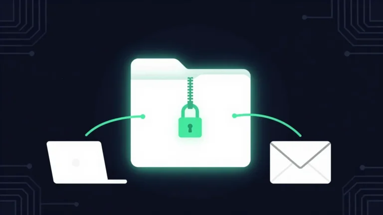 A glowing zip folder secured with a green padlock, connected from a laptop to an email envelope