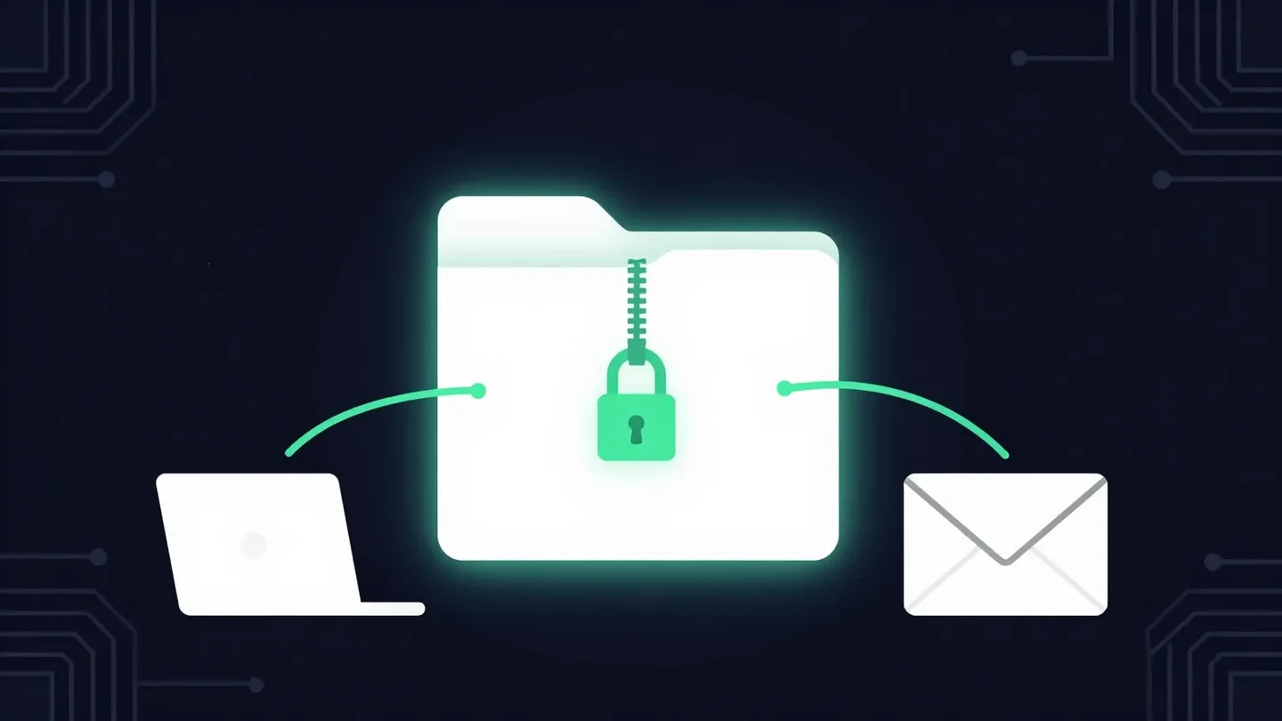 A glowing zip folder secured with a green padlock, connected from a laptop to an email envelope