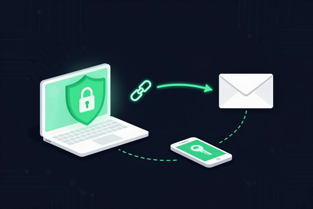 A laptop with a green security shield sending a secure link to an email inbox, with the passphrase shared separately by phone
