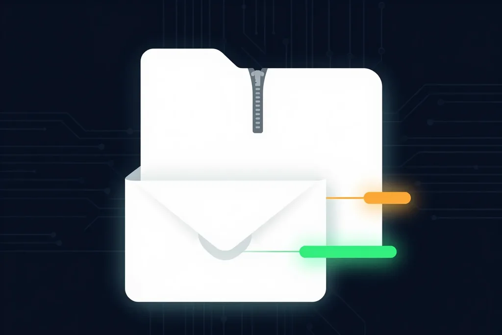An oversized zip folder that does not fit inside an email envelope, next to a size gauge past its limit