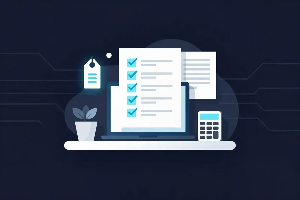 A laptop with a checklist, a stack of documents, a calculator and a price tag, illustrating how a small business compares Egnyte alternatives