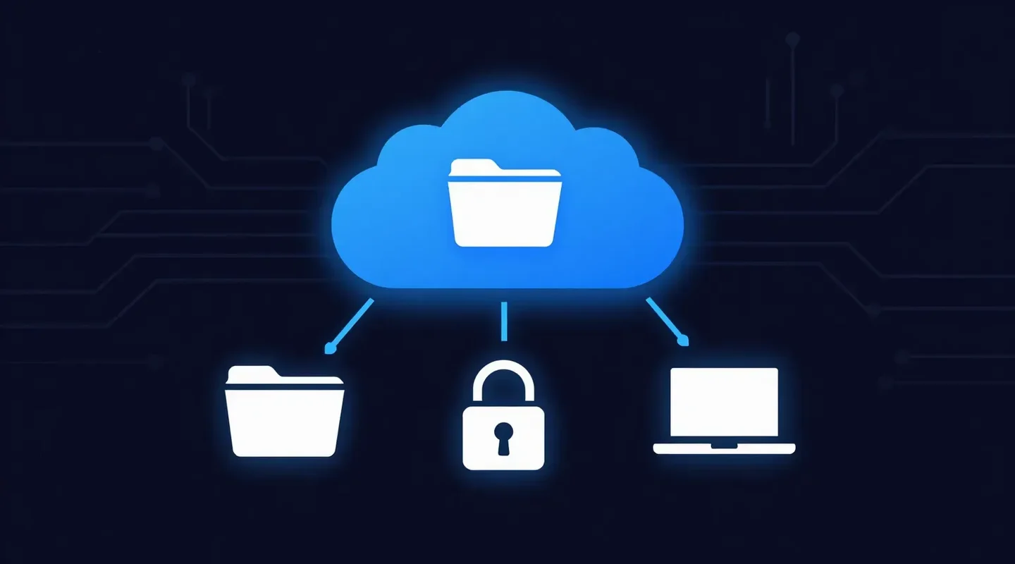 A glowing blue cloud file server branching to a shared folder, a padlocked link and a laptop, illustrating Egnyte alternatives